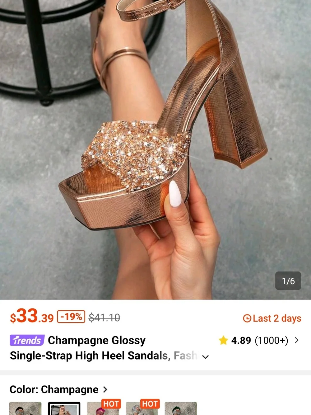 Gold Platform Ankle-Strap High Heels with Crystal Band Shein 6.5